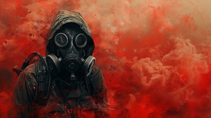Someone wearing a gas mask comes out of the red smoke