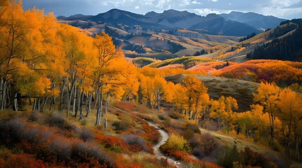 a mountain forest landscape in autumn with a multi-colored backdrop