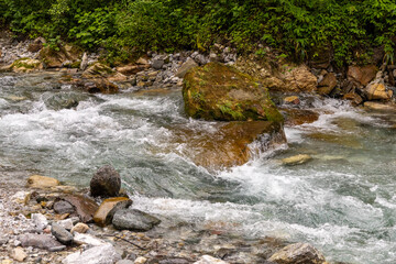 Mountain river nearby Yawu Lake under the Wawu Mountain, in Meishan City of southwest China’s...