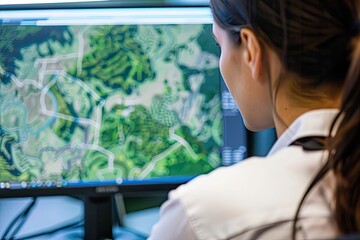 Environmental consultant analyzing properties for environmental impact on a computer