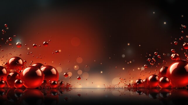 Abstract image of glowing red bubbles and sparkling particles on a dark atmospheric background, copy space.