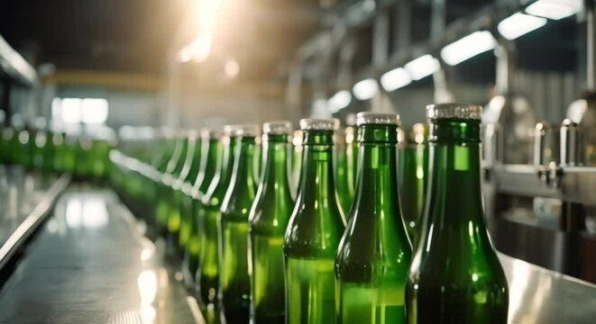 line of green bottles on factory line
