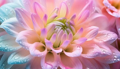 Pink flower with delicate petals, set against a background of Korean pastel rainbow colors, creating a soft and dreamy visual effect
