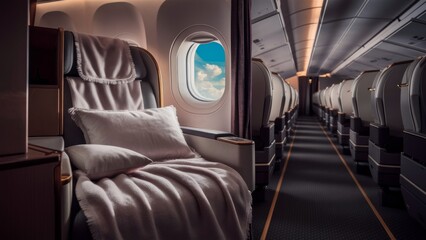 Fototapeta premium A plush, fully reclining airplane seat with a soft cushion and blanket, located in front of large windows offering views of the sky.copy space.Suitable for luxury travel advertising