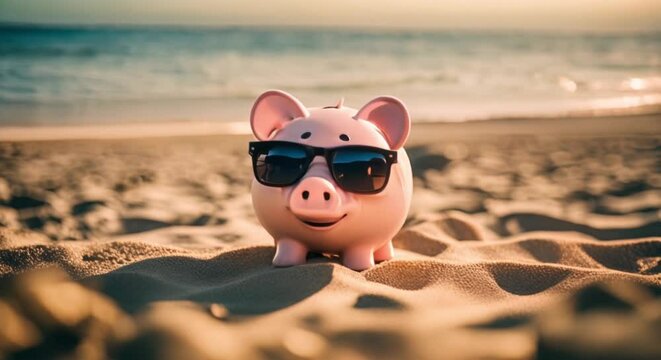 piggy bank wearing sunglasses on the beach at sunset