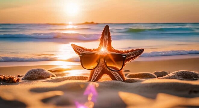starfish wearing sunglasses on the beach at sunset