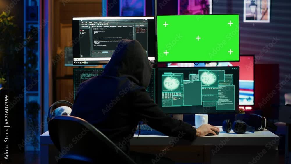 Poster spy using green screen pc in secret hideout to steal valuable data by hacking, getting attacks rejec