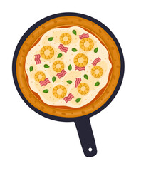 Hawaiian Pizza. Vector illustration of italian pizza. Pizza with ham, basil, pineapple, peppers and cheese