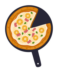 Hawaiian Pizza. Vector illustration of italian pizza. Pizza with ham, basil, pineapple, peppers and cheese