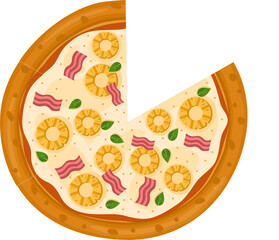 Hawaiian Pizza. Vector illustration of italian pizza. Pizza with ham, basil, pineapple, peppers and cheese
