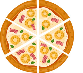 Hawaiian Pizza. Vector illustration of italian pizza. Pizza with ham, basil, pineapple, peppers and cheese