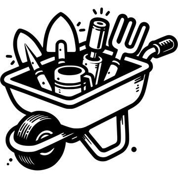 black and white garden tools wheelbarrow