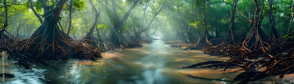 Canvas Prints Lush and Intricate Mangrove Swamp Landscape with Meandering Waterways Flowing Through Twisted Roots and Dense Foliage in a Natural Tropical