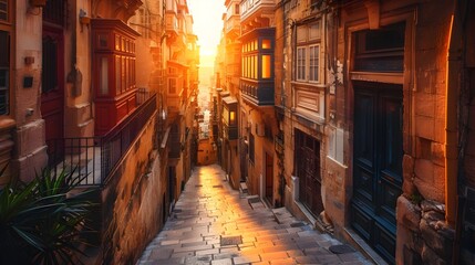 Fototapeta na wymiar Sunset Glow Bathes the Historic Narrow Streets of Valletta Malta in a Golden Light