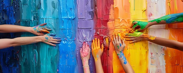 Hands painting a rainbow mural, symbolizing the collaborative spirit of the LGBT community