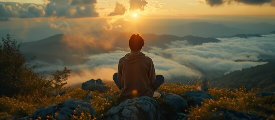 Silhouetted Figure Meditating on a Cliff during a Breathtaking Sunset Overlooking a Majestic Mountain Landscape
