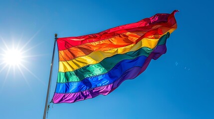 Vibrant rainbow flag waving in the wind, symbolizing pride and unity within the LGBT community, clear blue sky background