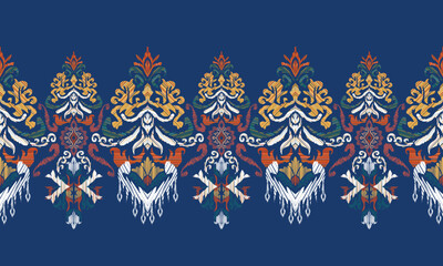 Hand draw Ikat floral paisley embroidery.Ikat ethnic oriental pattern traditional.Aztec style abstract vector illustration.blue background.great for textiles, banners, wallpapers, wrapping vector.