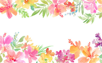 A vector frame illustration of abstract hibiscus and tropical flowers painted in watercolor