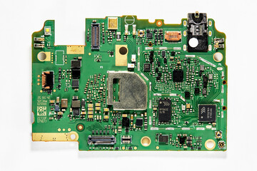 one of the printed circuit boards in a cellphone where the components are attached 