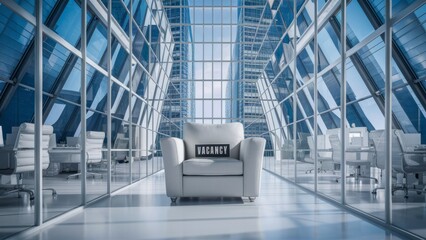 A sleek white chair with a VACANCIES sign in a modern high-ceiling glass office surrounded by skyscrapers.Suitable for recruitment campaigns 