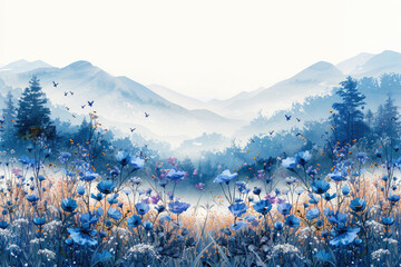 Snow covered mountains and a field of flowers. Created with Ai