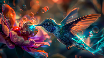 Macro photography of a hummingbird sipping nectar from a futuristic