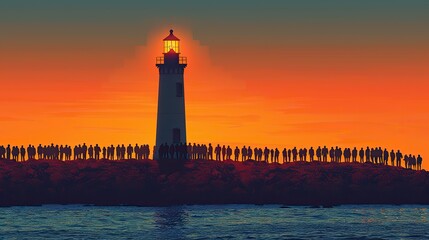 An image of a lighthouse guiding a diverse group of people, representing the guiding light of democratic principles.