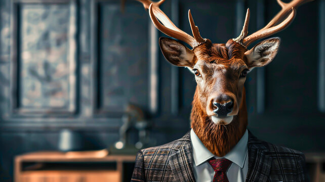 Elk in a suit, presenting a business plan close up, strategic meeting, realistic, Fusion, conference room backdrop