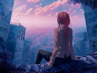 Anime style illustration of a pink-haired anime woman in her midtwenties sitting on the edge of a building overlooking a destroyed city, pink sky and clouds, melancholic atmosphere, view from behind