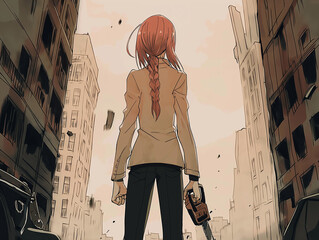 A girl with a long braid in an oversized beige blazer and black pants stands with her back to the camera, holding a chainsaw in her hand. The background is city streets destroyed by war, anime style
