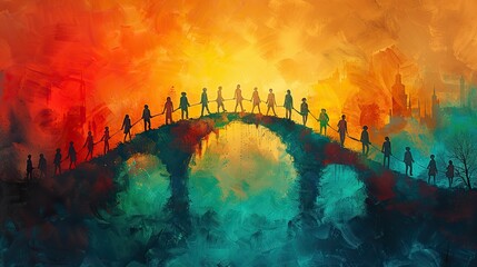 A drawing of a bridge with people walking hand in hand, symbolizing connection and cooperation in a democratic society.