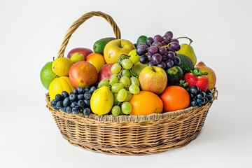 Fresh fruits arranged in a wicker basket on a white background