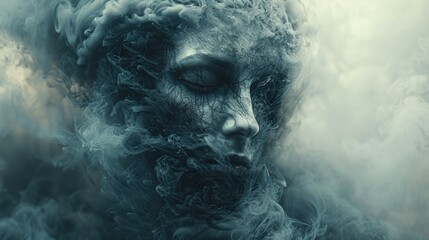 Person with his head covered in black smoke, surrounded by fog and rain