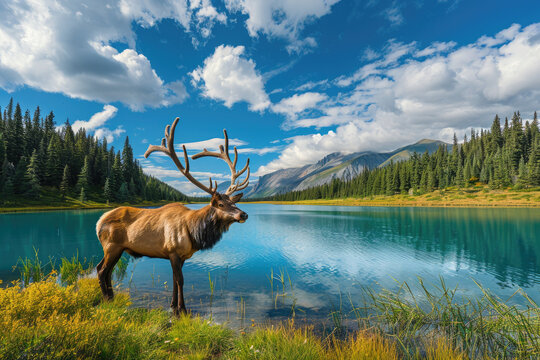A majestic elk with impressive antlers stands beside an emerald lake in the heart of British Columbia's wilderness