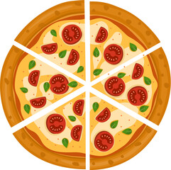 Hawaiian Pizza. Vector illustration of italian pizza. Pizza with basil, tomato, peppers and cheese