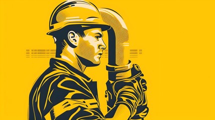 Stylized of a Skilled Pipefitter Worker in Duotone Yellow and White Color Scheme