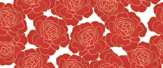 Happy Chinese new year background vector. Luxury gold  Red rose flower wallpaper design for ads, banner, invitation, envelop and prints.