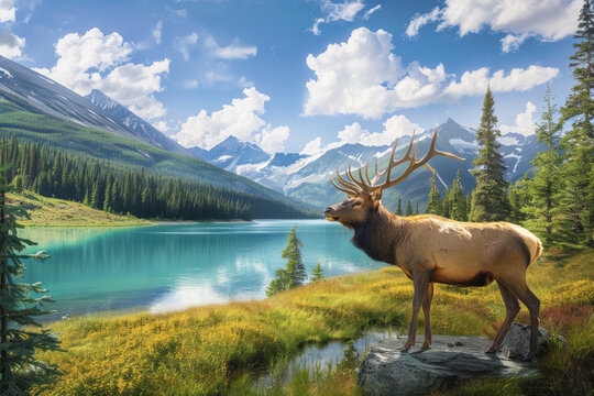 A majestic elk with impressive antlers stands beside an emerald lake in the heart of British Columbia's wilderness