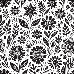 Fototapeta premium Floral Nature graphic leaf, scribble grunge brush texture doodle hand drawn seamless pattern