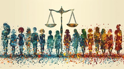 An illustration of a scale of justice balanced with diverse faces, symbolizing equality in democracy.