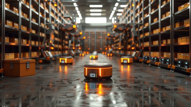Automated robots navigating and managing inventory in a high-tech warehouse, showcasing advanced logistics and futuristic technology.