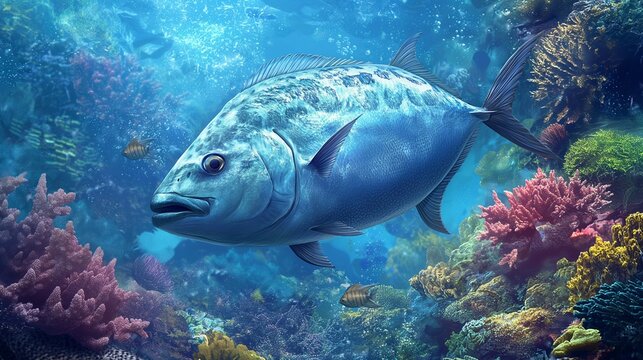 Ulua Giant Trevally with Protruding Jaw Swimming in Vibrant Coral Reef with Colorful Fish and Coral