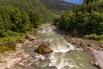 Mountain river nearby Yawu Lake under the Wawu Mountain, in Meishan City of southwest China’s...