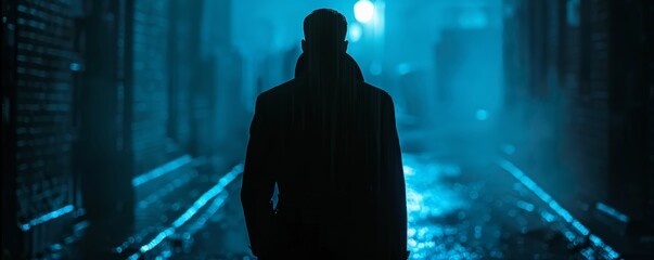 Mysterious silhouette of a person in a dark alleyway with moody blue lighting, creating an atmospheric and suspenseful scene.