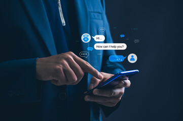 Chatbot Artificial Intelligence, Businessman using AI Chatbot for Innovative Solutions in a Modern Office, Embracing Digital Transformation and Business Growth in the Tech Industry.