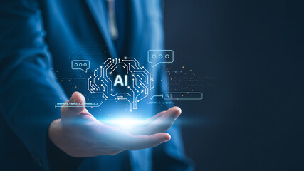 artificial intelligence, Businessman using AI in a Futuristic Office for Data Analysis, Digital Transformation and Innovation in the Tech Industry.