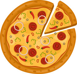Mexican Pizza. Vector illustration of italian pizza. Pizza with chili, basil, tomato, peppers, onion and cheese