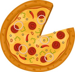 Mexican Pizza. Vector illustration of italian pizza. Pizza with chili, basil, tomato, peppers, onion and cheese