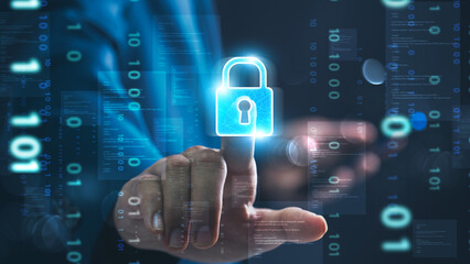 Cyber security and network data protection. businessman touch security padlock. smart solution from cyber attack, innovation technology